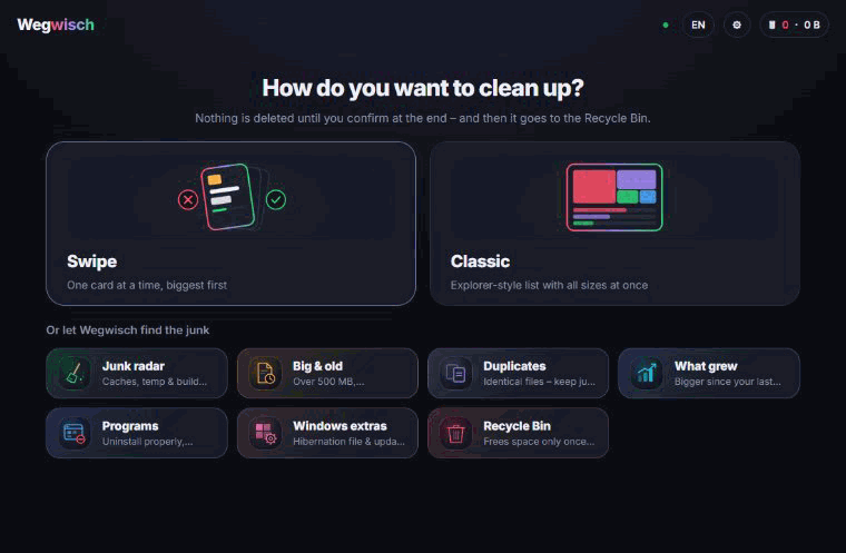 Wegwisch in action: swiping folders, asking the AI, the block view and the result