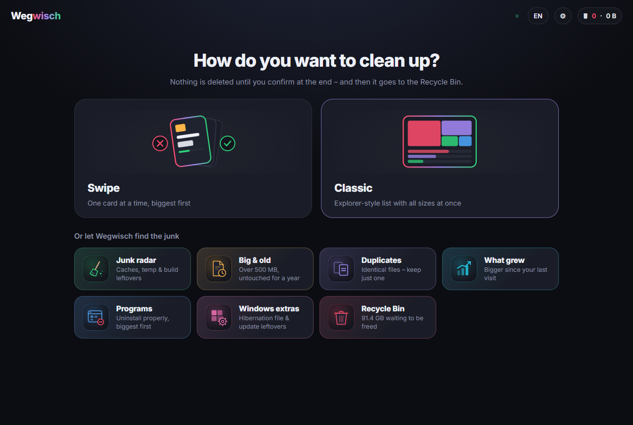 Start screen: Swipe or Classic, smart decks below